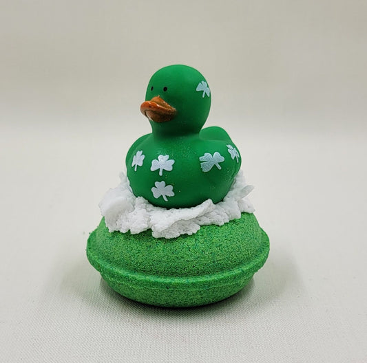 St. Patrick's mini donut bath bomb with bubble frosting and rubber duck,St. Patrick's Day,Green,Lucky,bath bomb,green bath bomb,Irish,duck