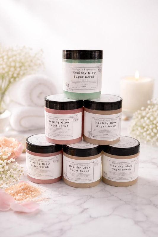 Healthy glow sugar scrub,sugar,exfoliatiang,self care,gentle exfoliation,luxury body care,soft skin,happy skin,gift men and women